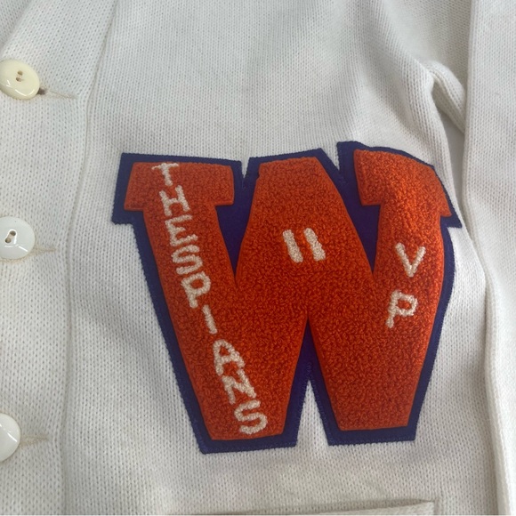 Vinatge Dehen Cardigan Mens 34 Off White 60s 70s Letterman Varsity Patch Sweater - Picture 9 of 10